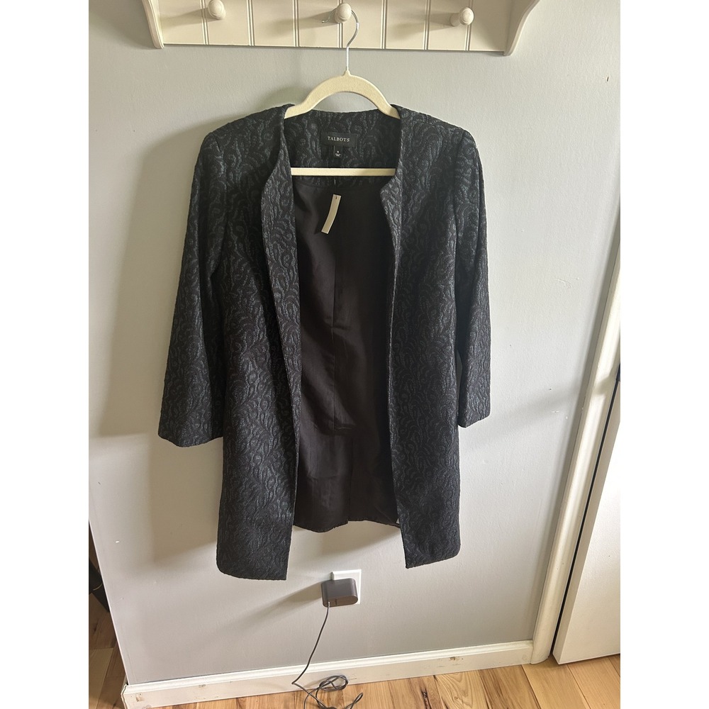 NWT Talbots Women 8 Teal Black Jacquard Lace Topper Jacket Open Front - Picture 2 of 3